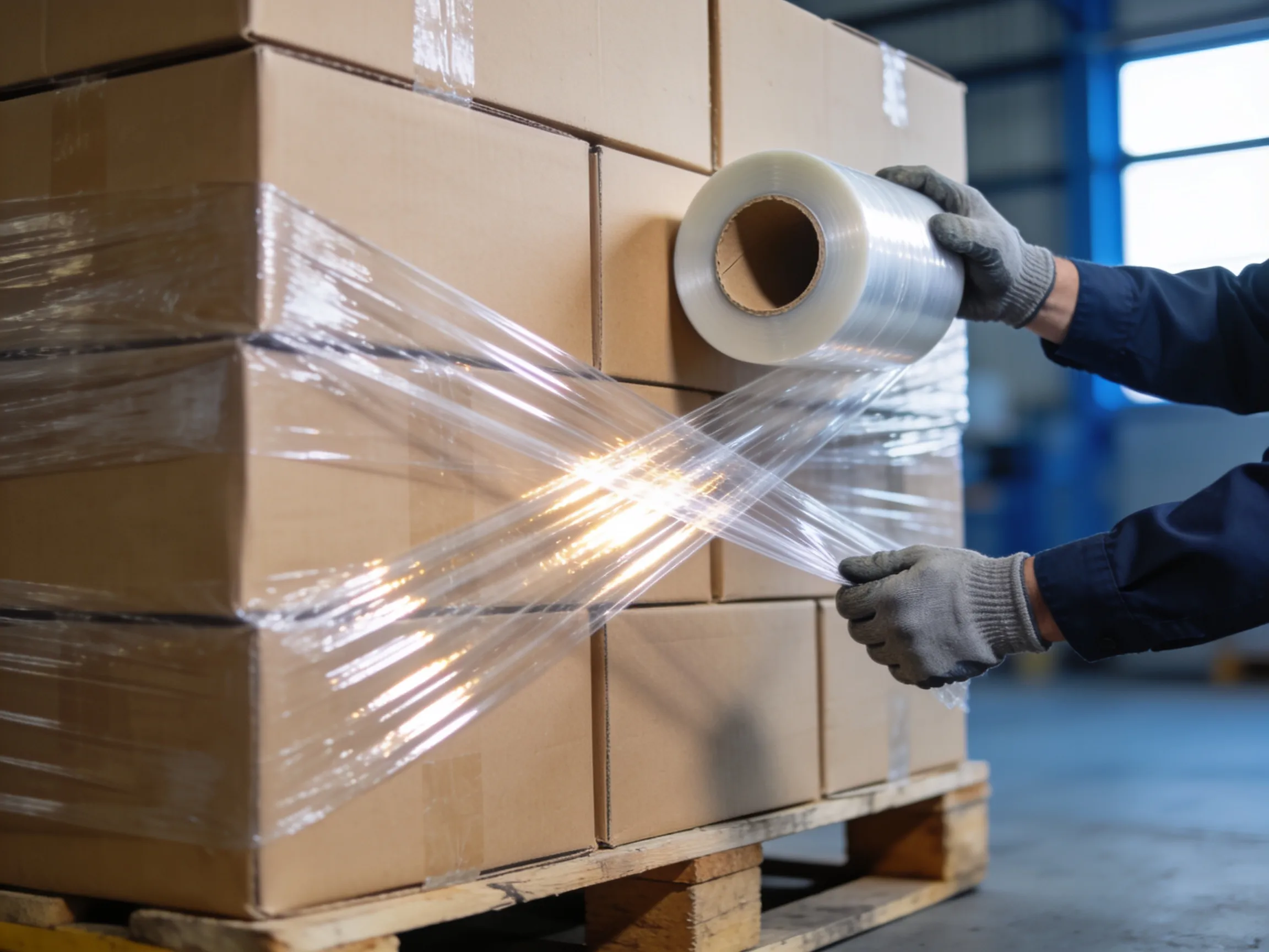 Mãos com luvas aplicando filme stretch em um pallet de caixas