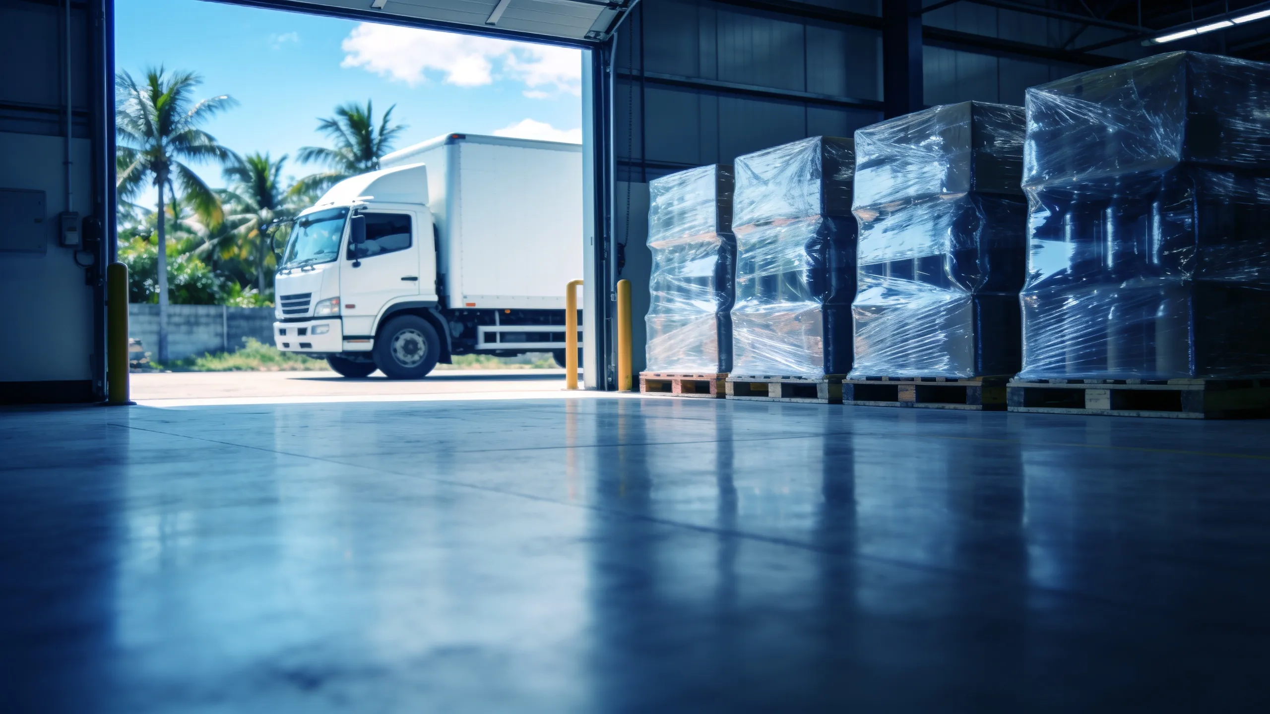 Pallets envolvidos em filme stretch ao lado de um caminhão de entrega