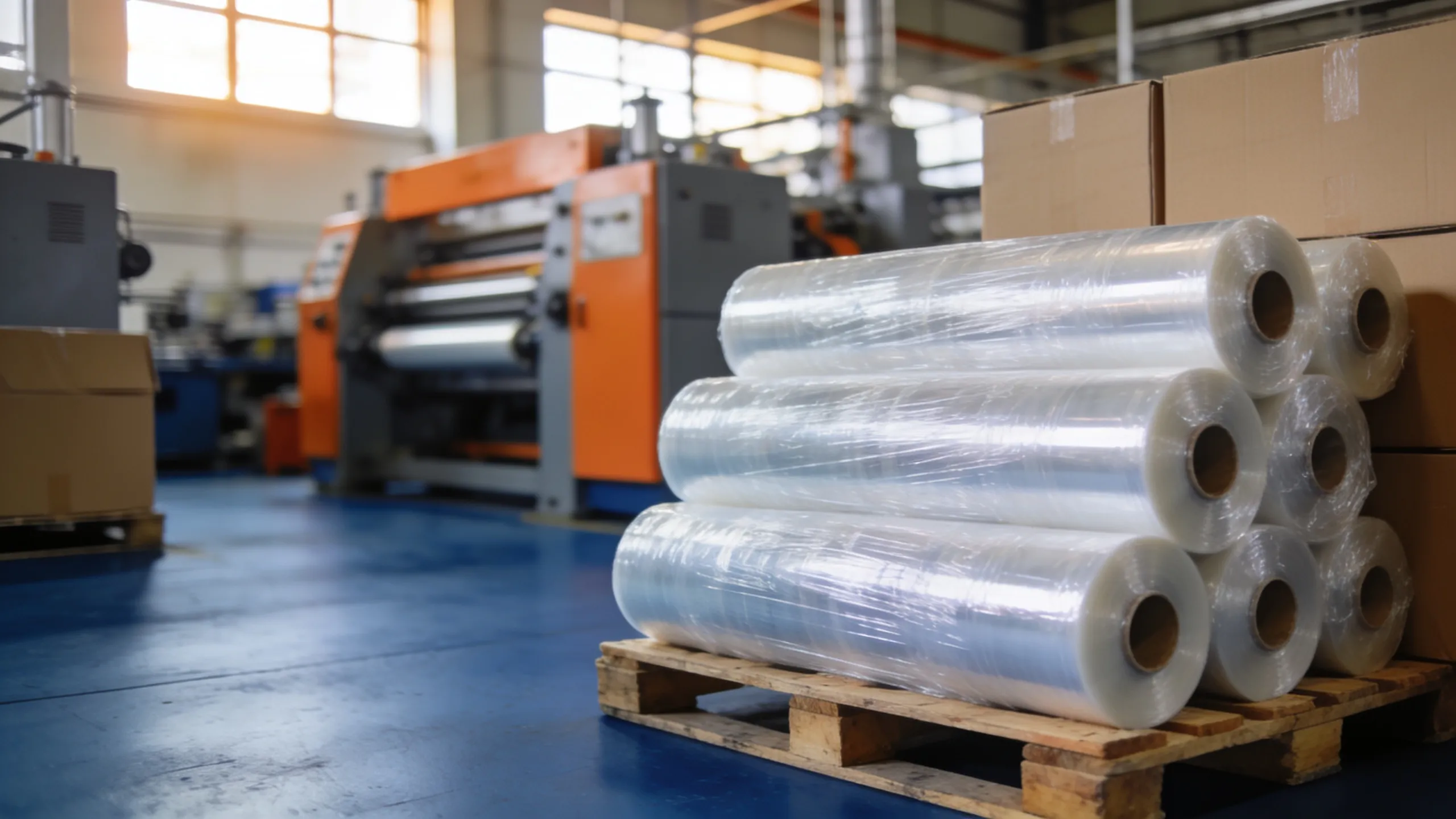 Fábrica organizada com bobinas de filme stretch e máquinas industriais